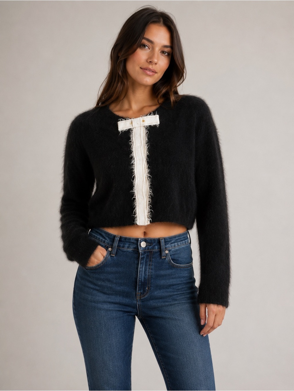 Orla Kiely Angora Crop Bow tie Snap front Cardigan Black sweater Sz 4